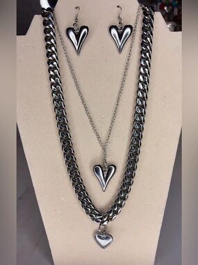 Silver Stainless Steel Heart Necklaces & Earring Jewelry Set - Women Jewelry